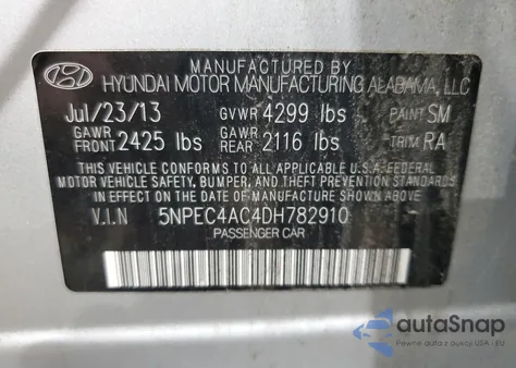 2013 Hyundai Sonata Se z USA, uszkodzony, nr VIN 5NPEC4AC4DH782910